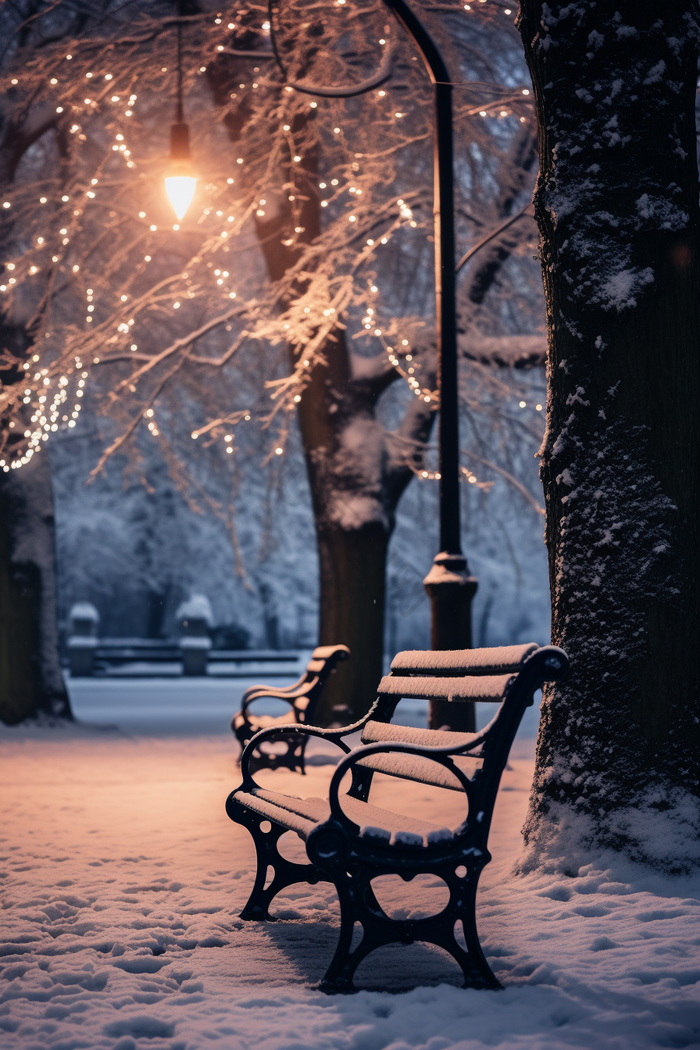 冬天下雪晚上公园长椅