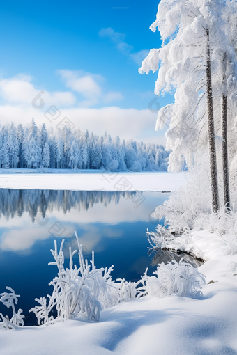 冬天唯美雪景宁静湖泊晴天天空图片