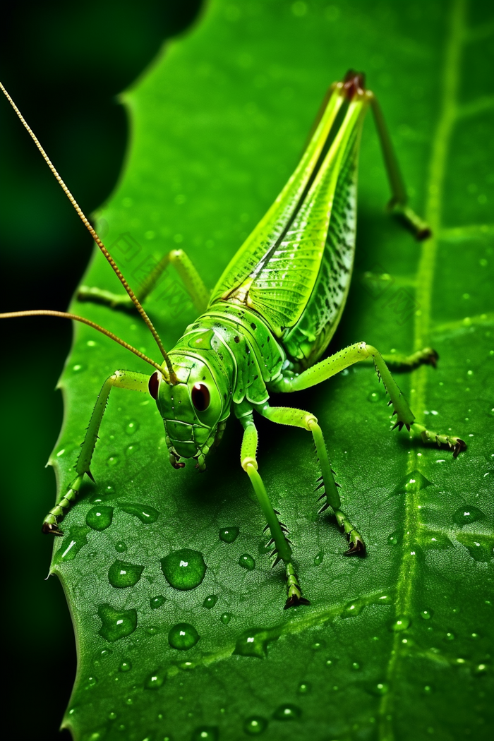 触角在绿叶上的蝗虫摄影图