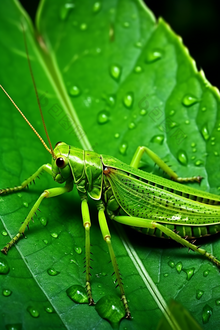 植食性昆虫在绿叶上的蝗虫特写摄影图