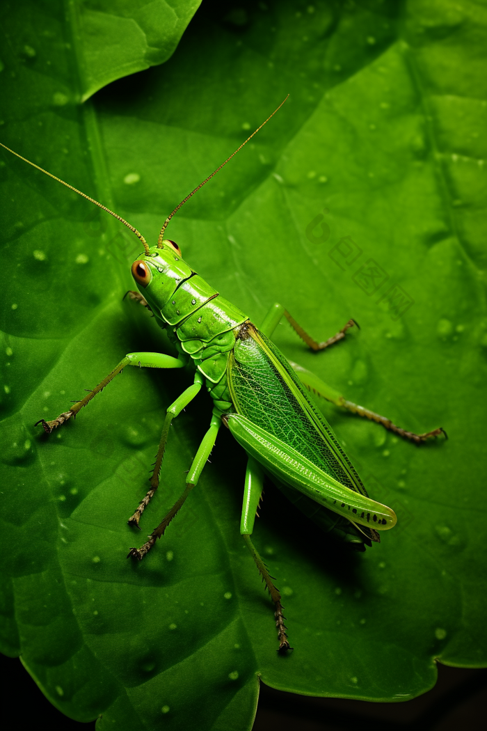 俯视在绿叶上的蝗虫摄影图