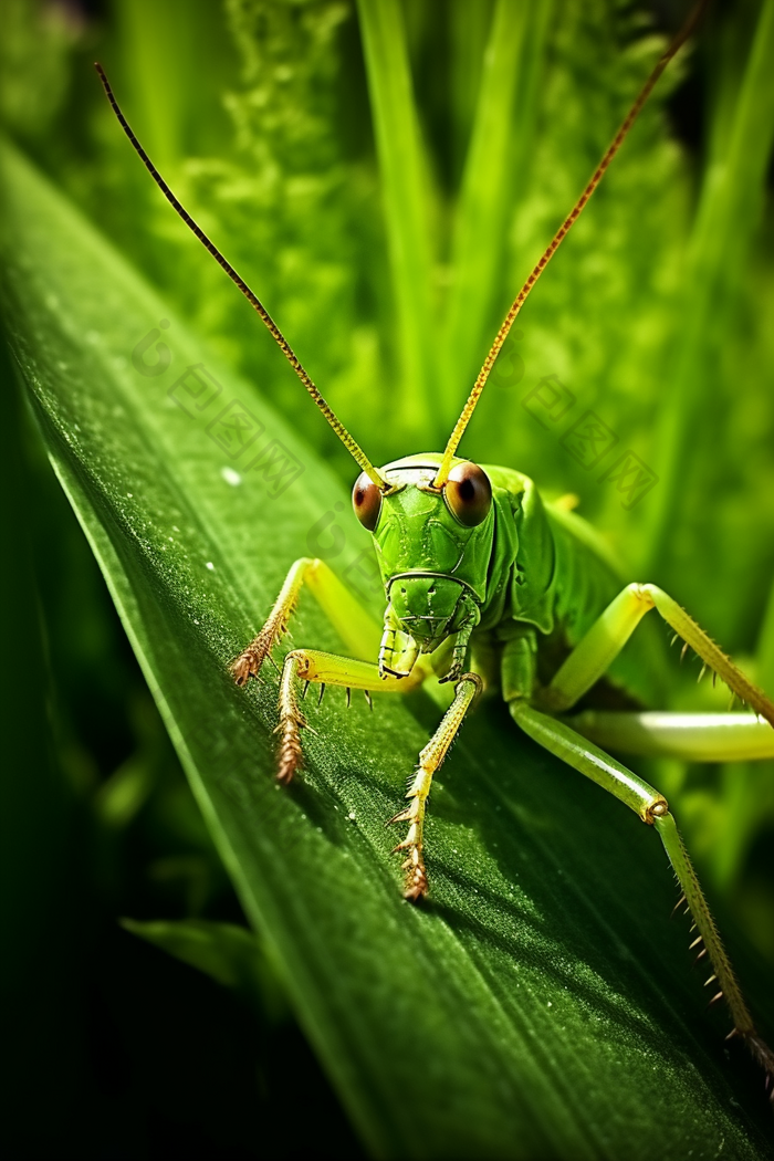 植食性昆虫在绿叶上的蝗虫摄影图