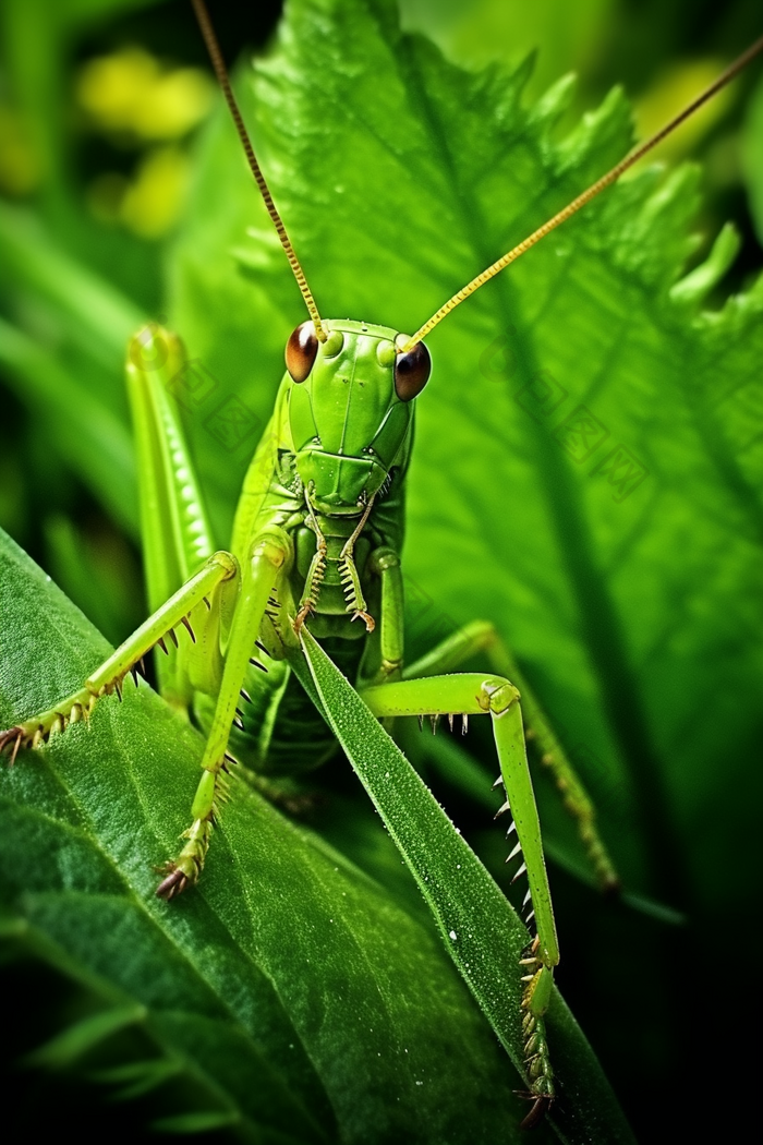 病虫害防治在绿叶上的蝗虫摄影图