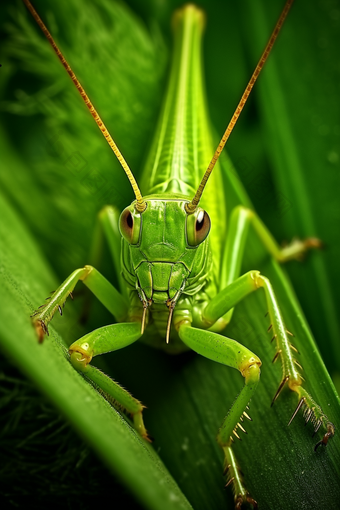 防治在绿叶上的蝗虫摄影图