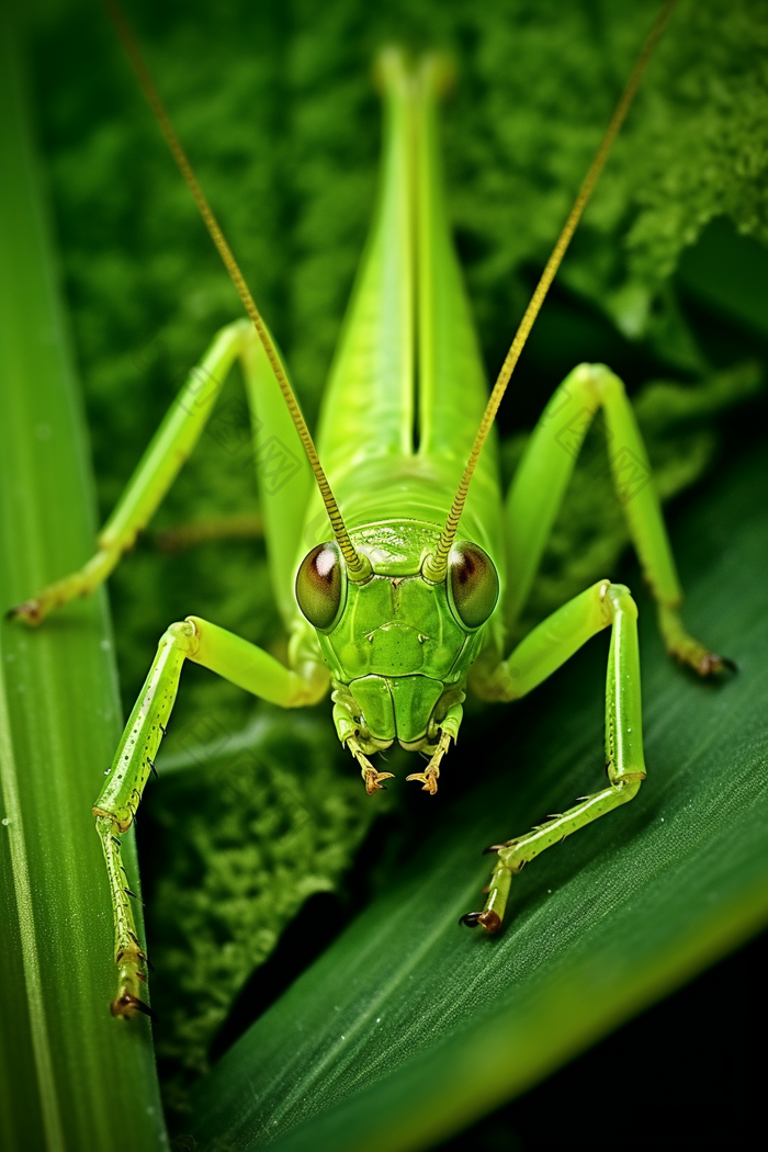 特写在绿叶上的蝗虫防疫摄影图