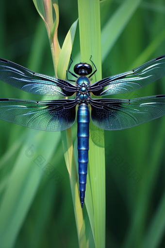 荷叶张开翅膀的美丽蜻蜓摄影图