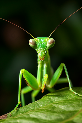 叶子上的绿色螳螂摄影图