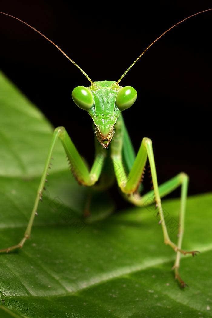 绿色叶子上的站立螳螂摄影图