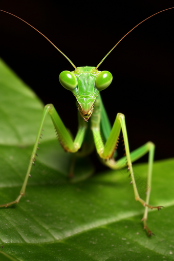 绿色叶子上的站立<strong>螳螂</strong>摄影图