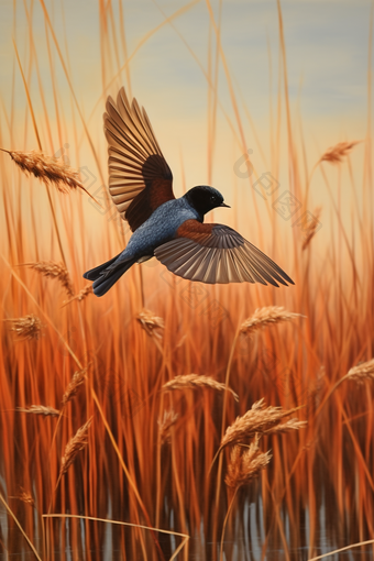 飞翔的燕子在麦田摄影图