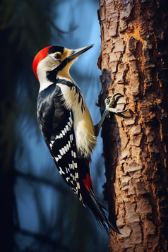 森林里吃树虫的啄木鸟摄影图