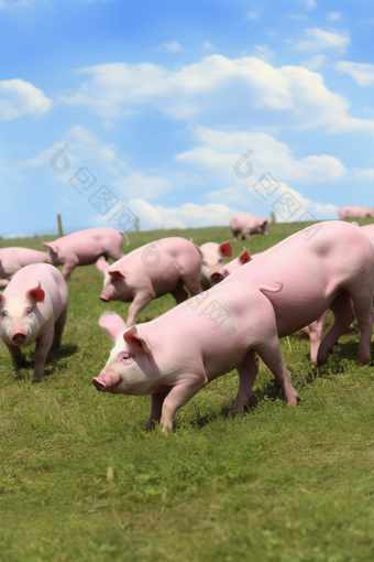 绿色草地上一群可爱的小猪仔摄影图