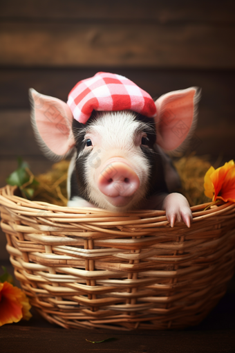 一个篮子里装着可爱的黑白花猪宠物猪摄影图