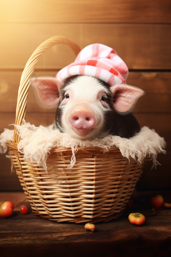 一个篮子里装着可爱黑白花猪宠物猪摄影图