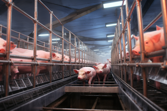 现代畜牧猪圈养殖自动化喂养摄影图