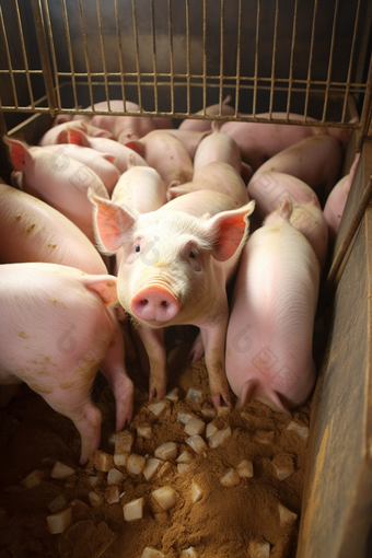 猪饲料槽人工养殖喂养摄影图