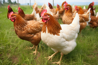 草地自由放养的母鸡摄影图