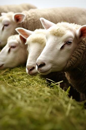 农场高山细毛羊幼崽吃草摄影图