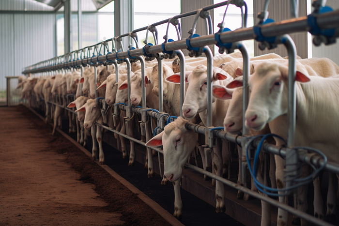 牲口棚里羊排队挤奶摄影图