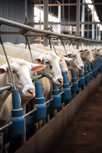 优质牲口棚里羊排队挤奶摄影图
