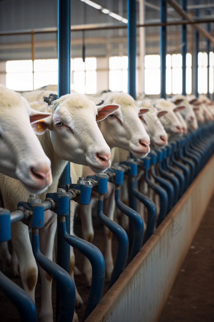高产牲口棚里羊排队挤奶摄影图