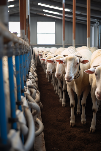 现代化优质牲口棚里羊排队挤奶摄影图