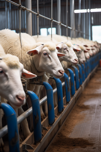 牲口棚里羊排队挤奶乳制品摄影图