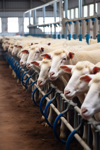 现代化养殖牲口棚里羊排队挤奶摄影图