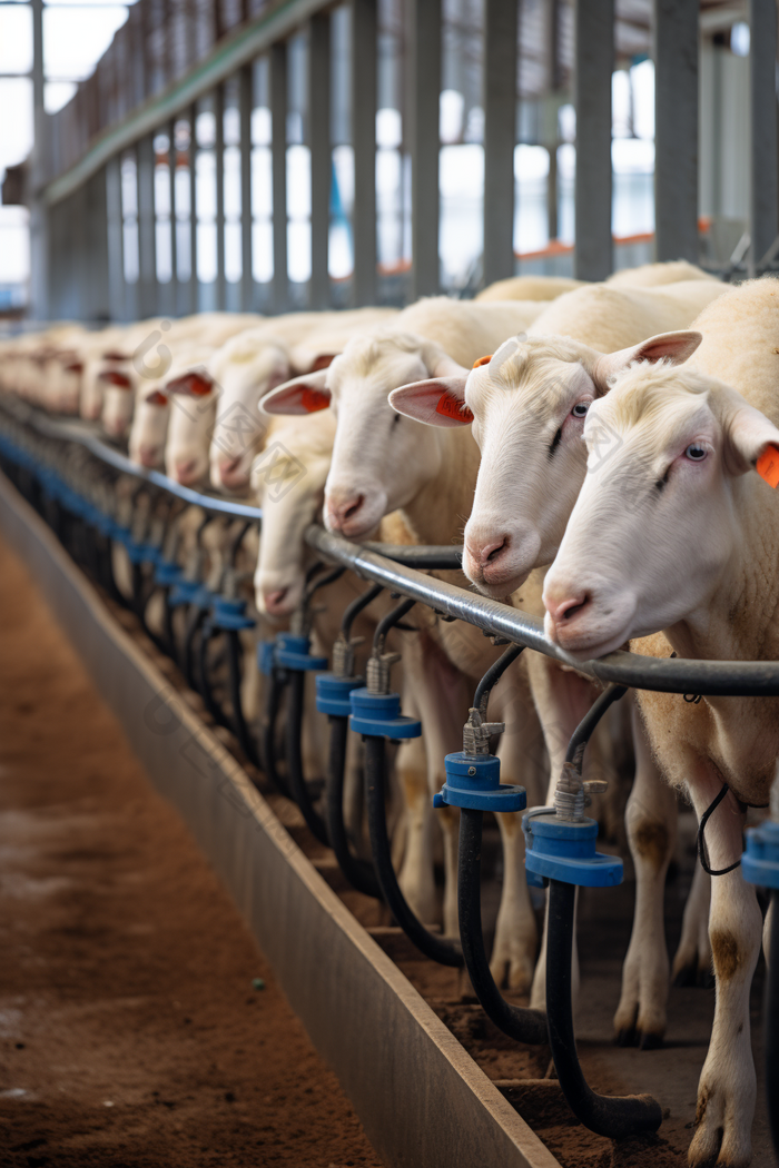 现代化高产牲口棚里羊排队挤奶摄影图