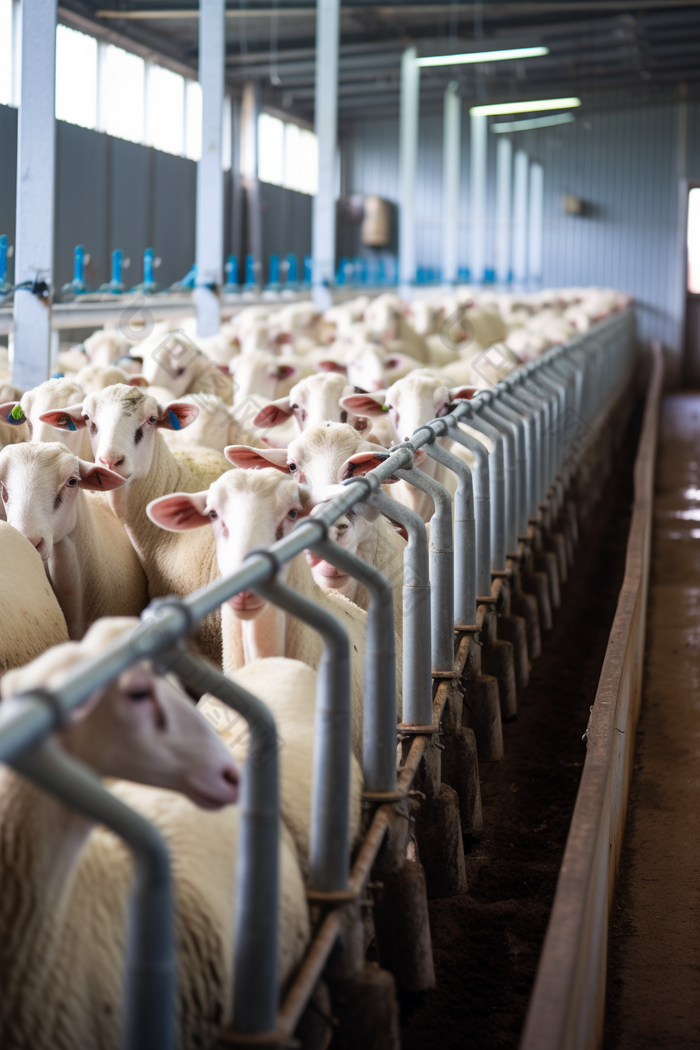 畜牧牲口棚里羊排队挤奶摄影图