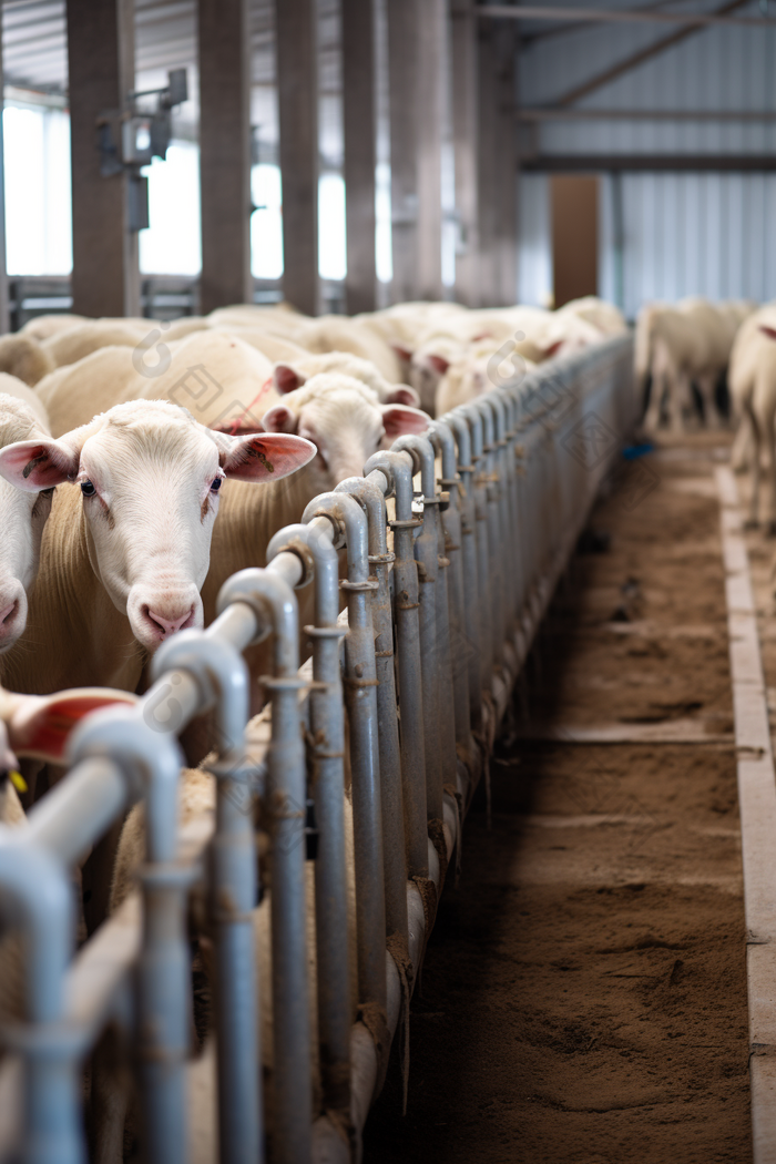 现代化牲口棚里羊排队挤奶培育摄影图