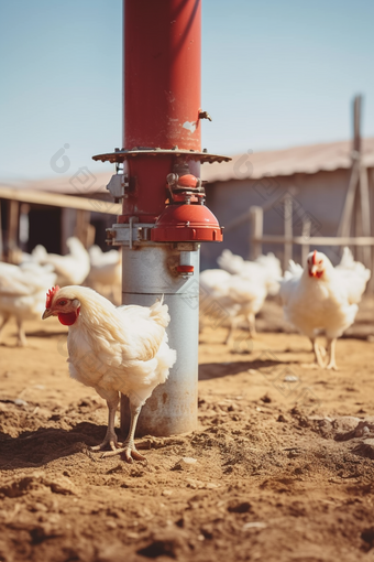 白色优质小鸡在农场觅食摄影图