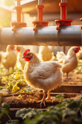 高品质小鸡在生态农场觅食摄影图