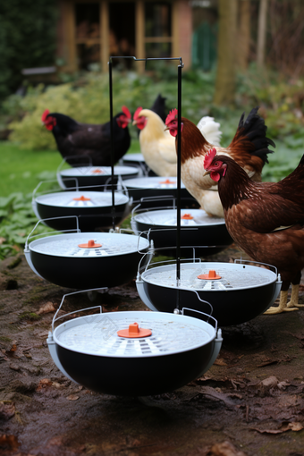鸡饲料集中式自动喂食器摄影图