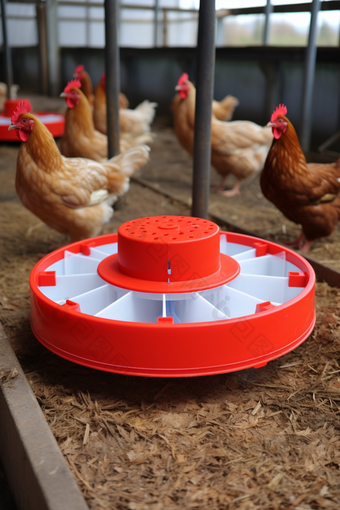 营养鸡饲料一体化自动喂食器摄影图