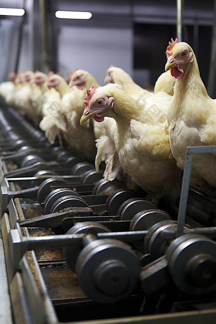 鸡肉加工行业的自动化生产线摄影图