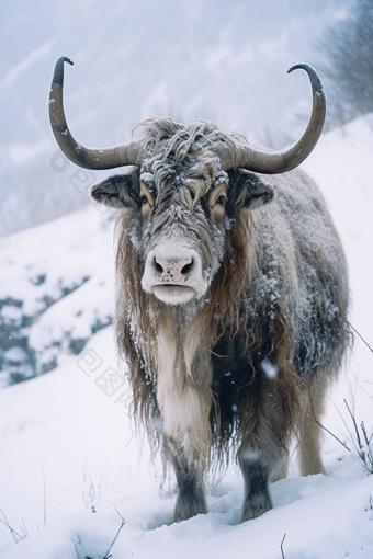 人工养殖 在雪地中的牦牛摄影图