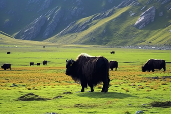 草原上的牦牛群摄影图