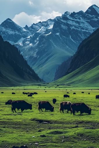 乡村草原上的牦牛群摄影图