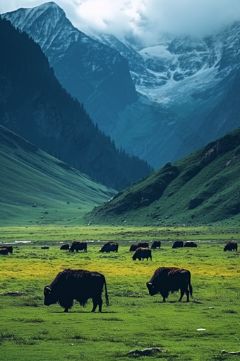 乡村牦牛群摄影图