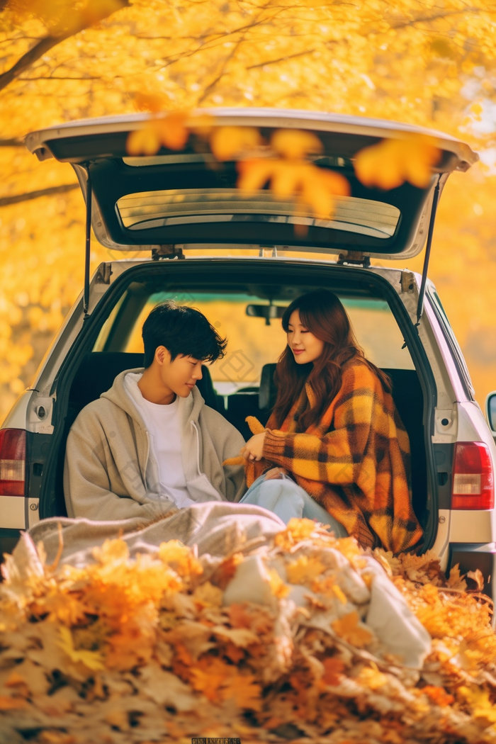 秋日出行情侣坐在车尾箱摄影图