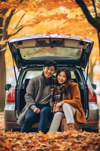 秋日旅行情侣坐在车尾箱摄影图