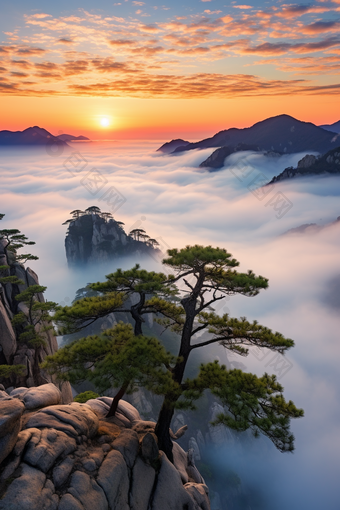 雄伟壮观森林云海日出松树高山