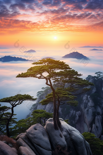 雄伟壮观云海日出松树摄影图