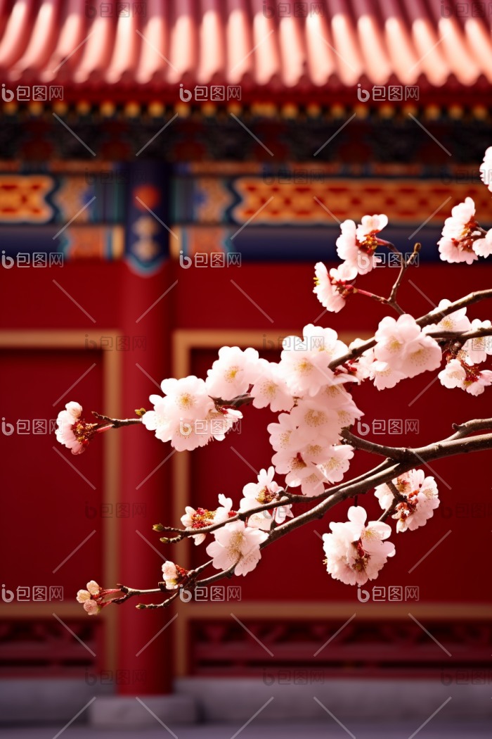 古建筑红墙梅花摄影图图片-包图网