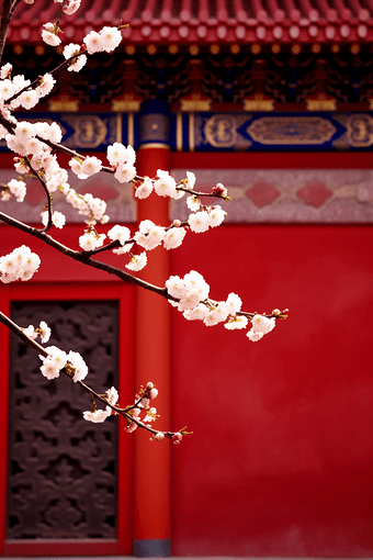 红墙梅花花朵摄影图