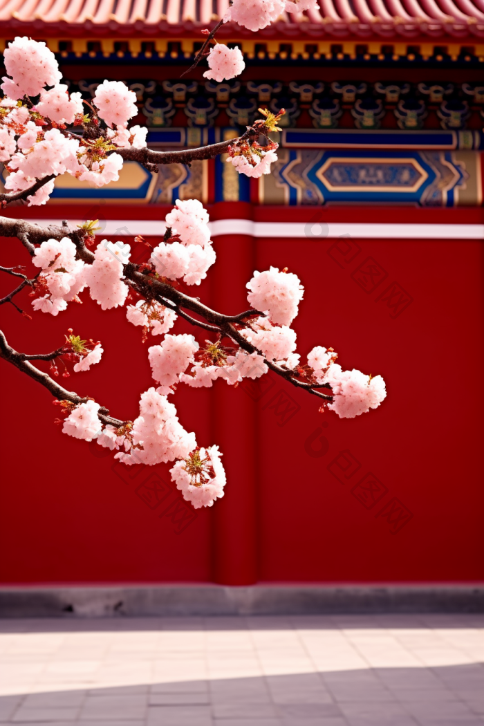 红墙梅花摄影图图片-包图网