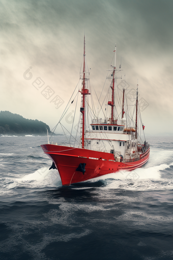 红色小型延绳钓渔船摄影图
