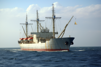 海上大型拖网加工渔船归港摄影图