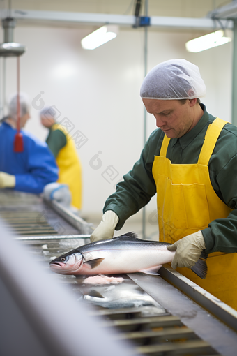 鲑鱼水产品加工传送带摄影图